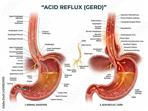 Detailed medical illustration showing the physiological differences between normal human digestive function and the painful condition of acid reflux disease