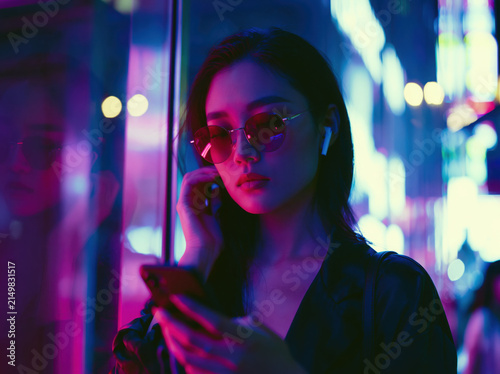 Young Asian woman wearing wireless earbuds and trendy sunglasses, scrolling on smartphone in a neon-lit city street, cyberpunk aesthetic, reflections on glass buildings, cinematic lighting.