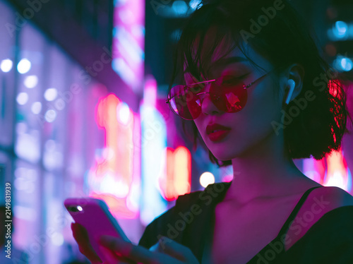 Young Asian woman wearing wireless earbuds and trendy sunglasses, scrolling on smartphone in a neon-lit city street, cyberpunk aesthetic, reflections on glass buildings, cinematic lighting.