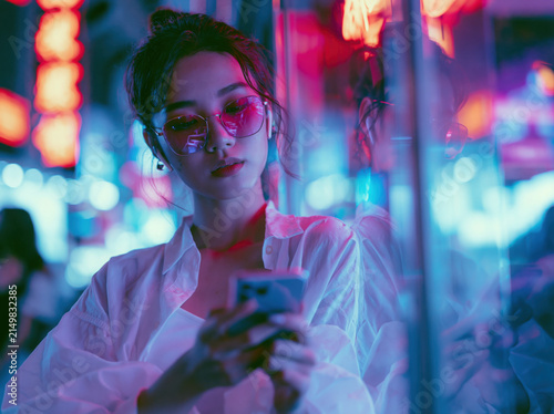 Young Asian woman wearing wireless earbuds and trendy sunglasses, scrolling on smartphone in a neon-lit city street, cyberpunk aesthetic, reflections on glass buildings, cinematic lighting.