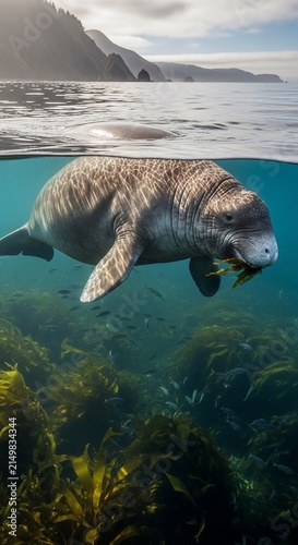 Gentle giant grazes in kelp forest, a world of blue.