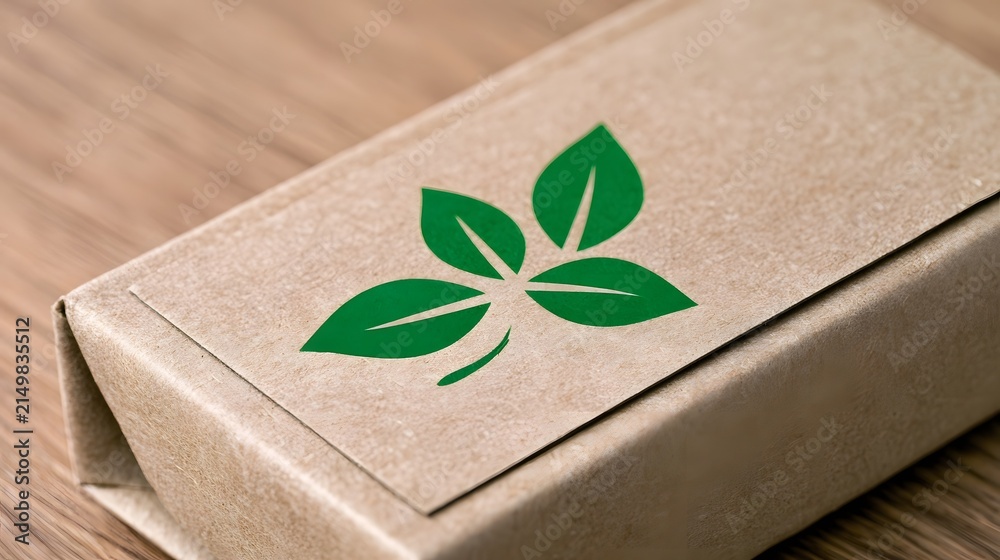 Obraz premium A brown paper package with a green leaf logo on top resting on a wooden surface showing eco friendly design