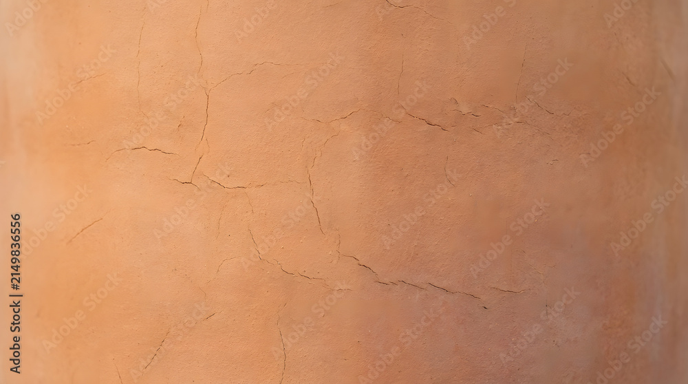 Fototapeta premium Stucco wall displays a textured orange surface with subtle cracks running across the weathered plaster.