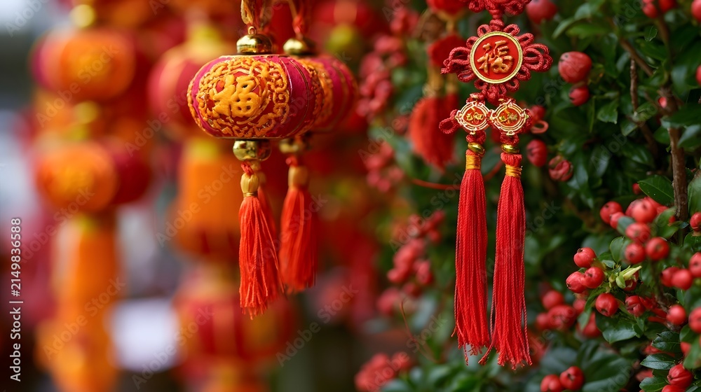 Fototapeta premium Traditional Chinese New Year deco ns featuring red lanterns and tassels hanging beside a berry laden bush