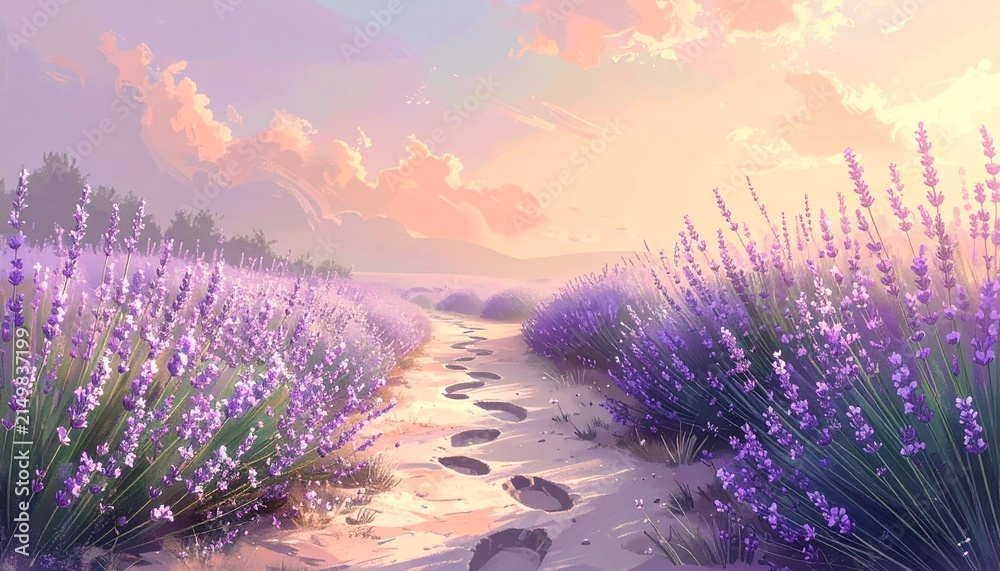 Fototapeta premium Illustration of rabbit footprints in pastel meadow landscape design