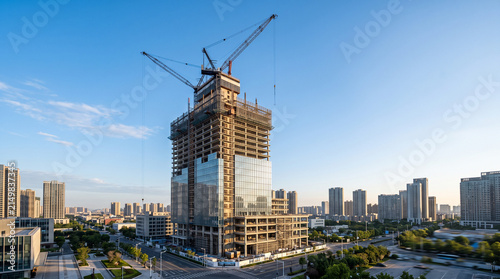 Modern skyscraper under construction at dawn