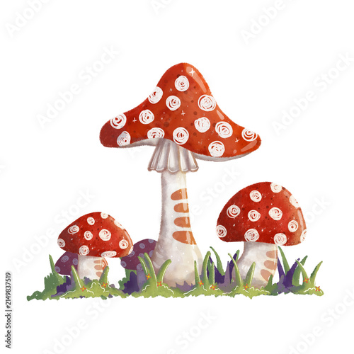 Cute Red Mushroom Cluster Hand Drawn Illustration