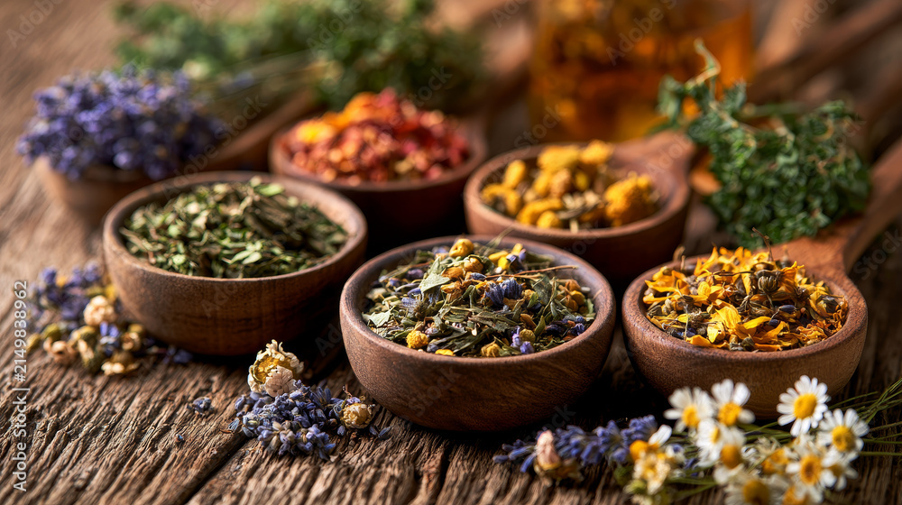 Fototapeta premium Dried Medicinal Herbs and Flowers with Selective Focus