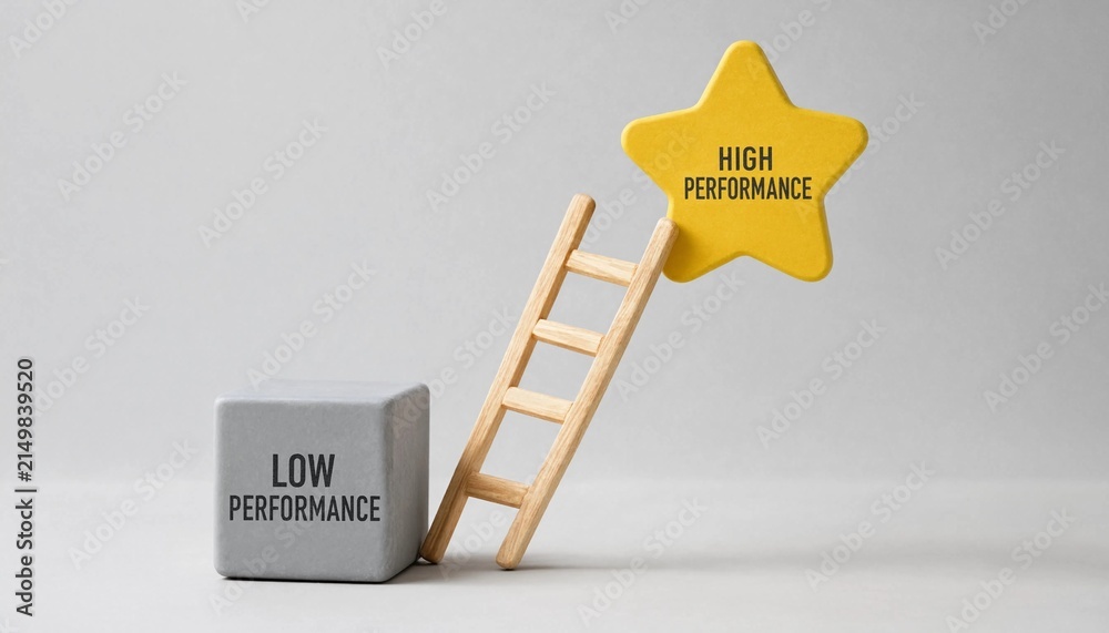 Obraz premium Conceptual illustration showing climb from low performance to high performance with ladder and star symbol