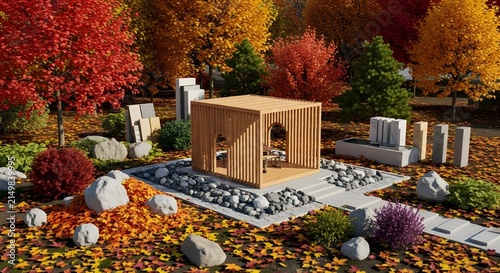 Autumn garden design with stone displays.