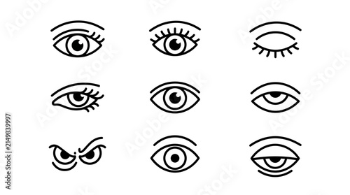 Foto Set of various eye icons, human eyes with different expressions and styles, vect