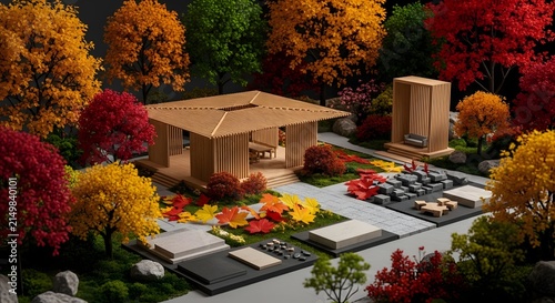 Autumn garden design with stone displays.