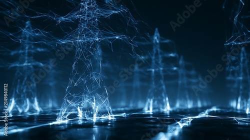 High-voltage digital ecosystem, glowing electric lattice, intelligent power synchronization, cyber utility network,