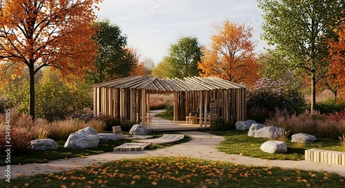 Autumn garden design with stone displays.
