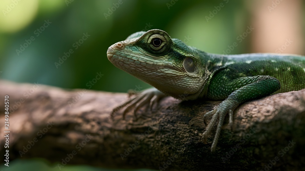 Fototapeta premium A green lizard perched on a tree branch in a lush forest environment with soft natural lighting