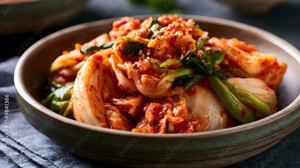 Fototapeta premium A bowl of spicy kimchi featuring cabbage green vegetables and sesame seeds in a ceramic dish