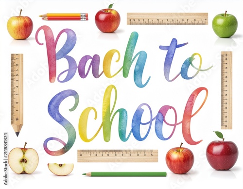 Back to school colorful text with apples, pencils, ruler, and stationery
