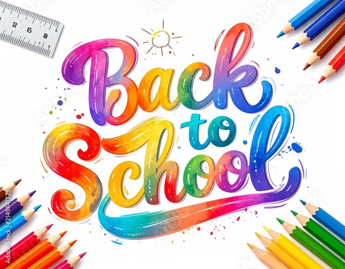 Colorful back to school text with pencils, stationery, and sun illustration