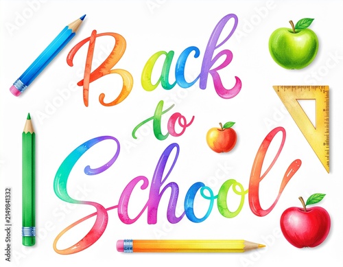 Colorful 'Back to School' script with green apple, pencils, and ruler graphic