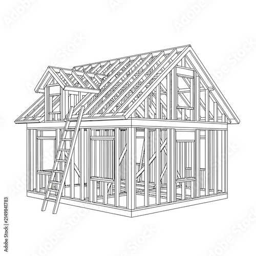 House Frame Wireframe Architectural Illustration of Residential Home Construction