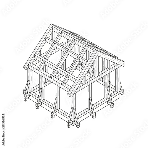 Isometric Wooden House Frame Sketch, Timber Construction Skeleton Illustration