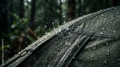 Close-up of a waterproof green camping tent during a heavy rainstorm in a dense forest environment