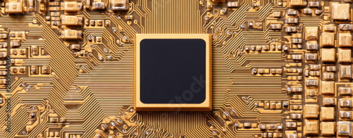 Fototapeta Central Processing Unit Chip Mounted on Golden Printed Circuit Board with Intricate Electronic Pathways Representing Advanced Computing Technology