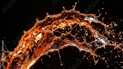 Dynamic amber liquid splash symbolizing frozen energy and meditative flow against dark void