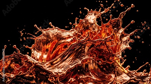 Dynamic splash of dark amber brown liquid isolated on black obsidian background with droplets and fluid motion texture
