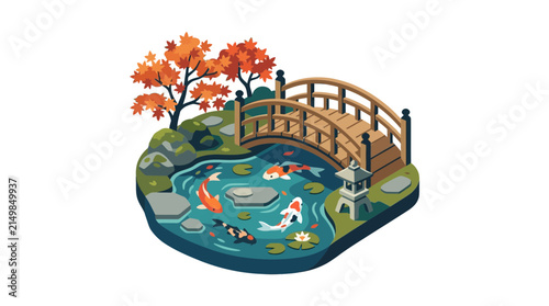 Isometric Japanese Koi Pond Garden with Wooden Bridge