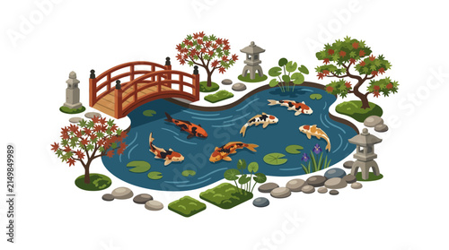 Foto Isometric Japanese Koi Fish Pond with Bridge and Trees