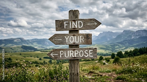 Find your purpose wooden signpost in a mountain landscape with signpost motivation inspiration landscape mountain direction decision outdoors