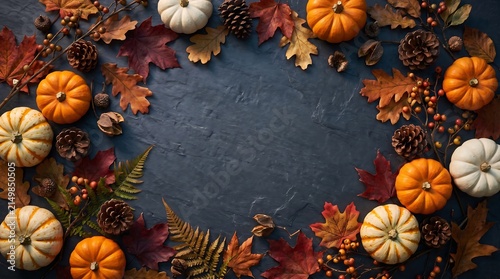 Autumn harvest background with pumpkins, leaves and pinecones on dark slate