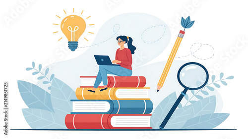 Flat Vector Illustration of a Student Studying on Books