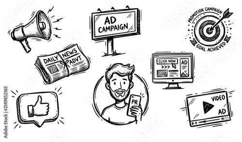 Foto Hand drawn advertising line art icons vector collection featuring sketchy fineli