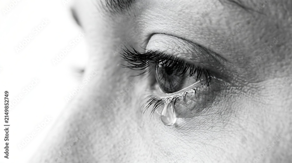 Naklejka premium Macro black and white image of a woman crying with a single teardrop on her cheek, emotional human eye crying because of sadness or grief, beautiful artistic portrait of crying face.