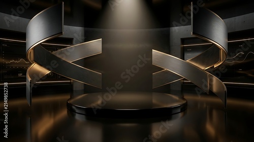 Modern futuristic black and gold 3D studio background with spotlight and elegant curved metallic elements for premium product presentation