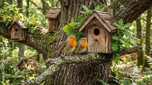Two European Robins Perched Together on a Mossy Oak Branch Beside Rustic Wooden Bird Houses