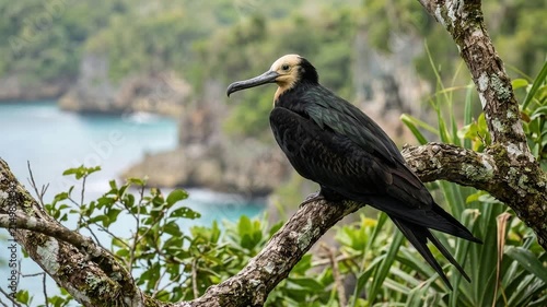 Magnificent Great Frigatebird Perched on a Tropical Coastal Branch Overlooking the Blue Ocean