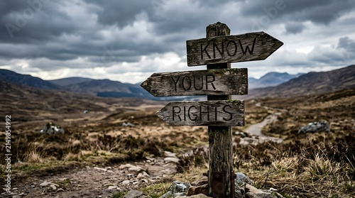 Rustic signpost with know your rights text in a dramatic cloudy landscape signpost direction knowledge decision landscape dramatic authority