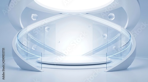 Futuristic white and blue abstract background with a glowing circular stage and transparent elements, ideal for product display.