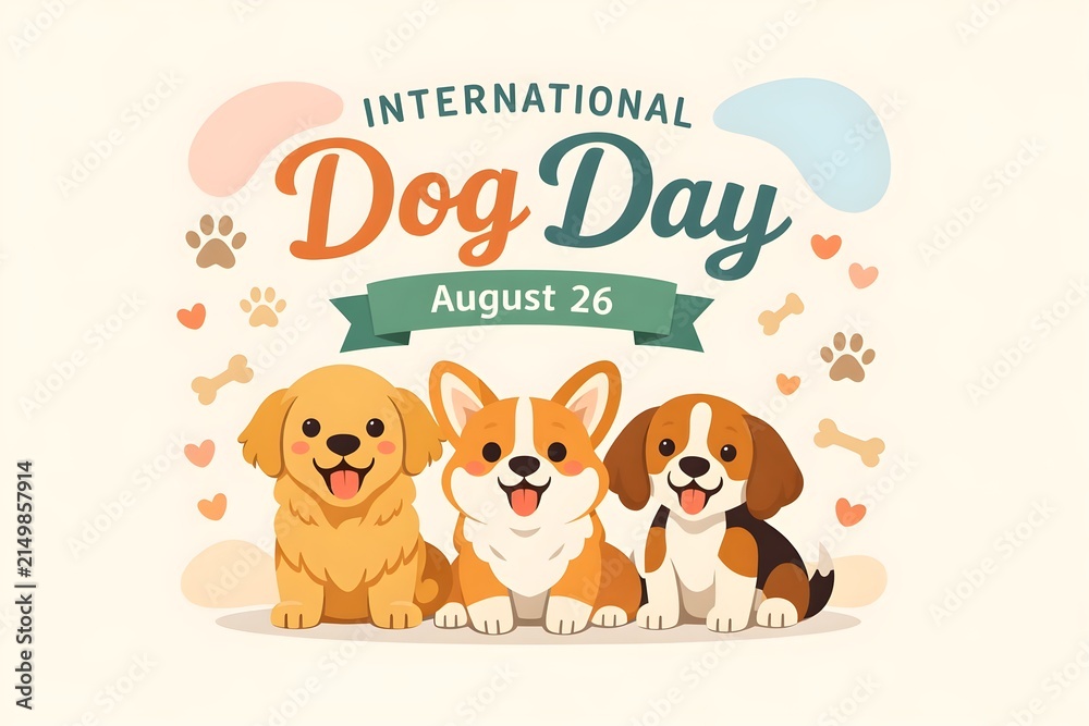 Fototapeta premium International Dog Day cheerful greeting poster featuring three adorable dogs with hearts and colorful decorative accents