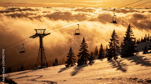Empty chairlift over snowy mountain peaks at golden hour sunset. Winter ski resort landscape with conifer trees and sea of clouds. Alpine vacation and winter sports concept for travel tourism.