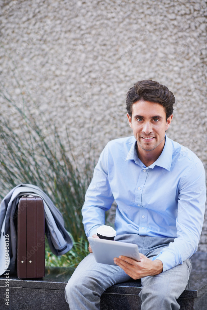 Fototapeta premium Portrait, business and man in city on tablet for research, property listing and real estate. Corporate, realtor and person on tech for planning, commercial investment and website on coffee break