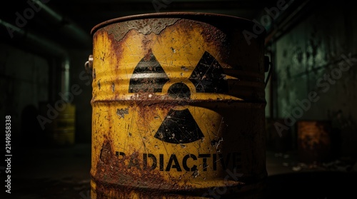 Rusty yellow barrel with radiation symbol in dark industrial setting. Corroded container for hazardous nuclear waste stored in a facility. Environmental pollution and toxic hazard concept.