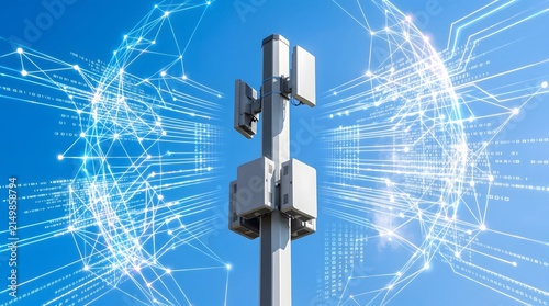 Sleek smart microcell pole transmitting data signals in a contemporary city environment.