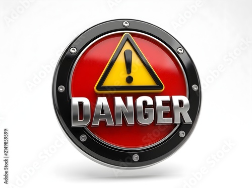 3D Glossy Danger Badge with Extruded Hazard Symbol and Beveled Edges