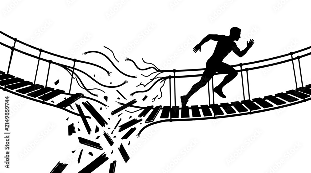 Fototapeta premium Silhouette runner sprinting across a collapsing broken wooden bridge depicted in this detailed black vector illustration