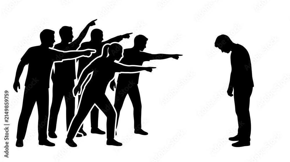 Obraz premium Silhouetted group pointing fingers at a lonely isolated person in this black white vector graphic illustration