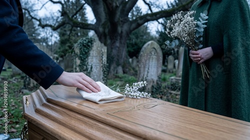 Hand touching a wooden coffin at a graveyard ceremony